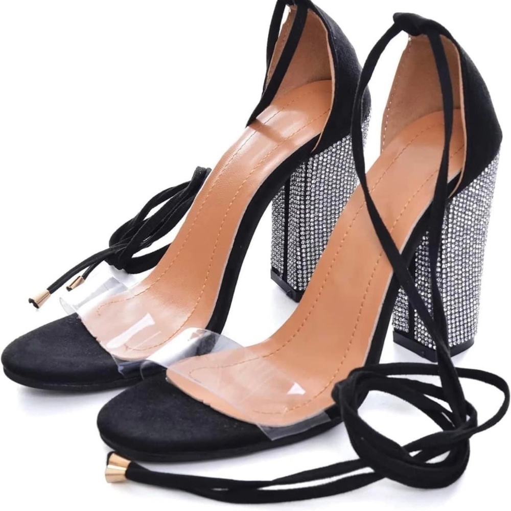 Pre-Owned Black Rhinestone Juti Gladiator Strappy High Heel Sandals